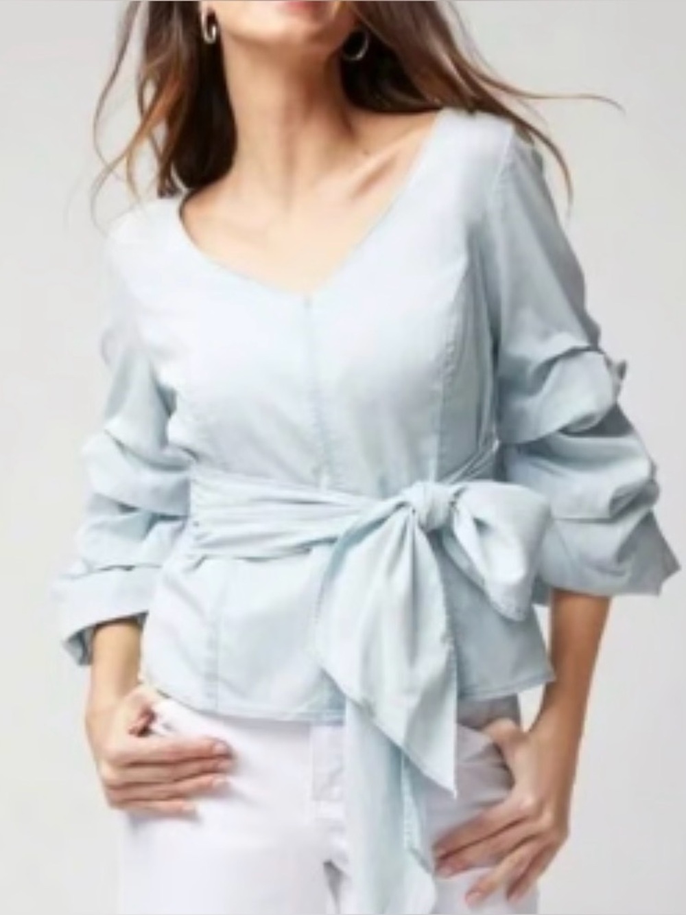 WHBM Drama Ruffle Sleeve Denim Top Light Blue White House Black Market Size XS